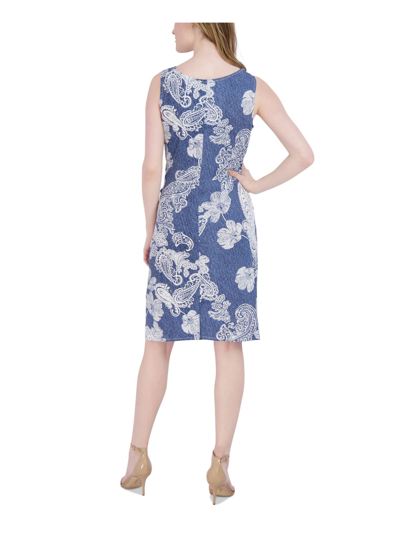 SIGNATURE BY ROBBIE BEE Womens Blue Jersey Tie Textured Pull-over Unlined Paisley Sleeveless Scoop Neck Knee Length Evening Shift Dress Petites PM