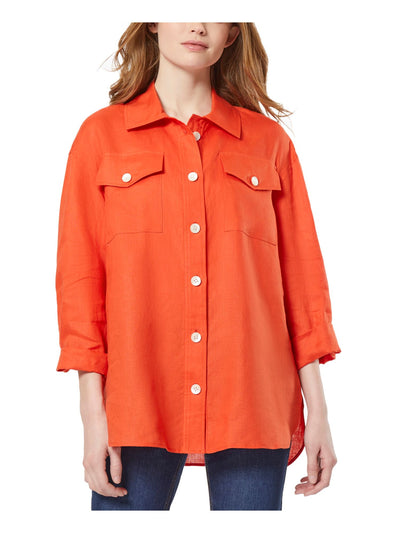 JONES NEW YORK Womens Orange Textured Pocketed Unlined Sheer Vented Round Hem Roll-tab Sleeve Collared Button Up Top XS