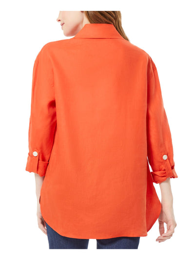 JONES NEW YORK Womens Orange Textured Pocketed Unlined Sheer Vented Round Hem Roll-tab Sleeve Collared Button Up Top XS