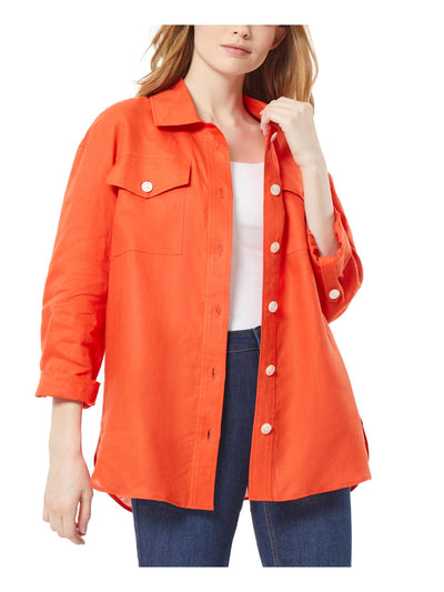 JONES NEW YORK Womens Textured Roll-tab Sleeve Collared Button Up Top