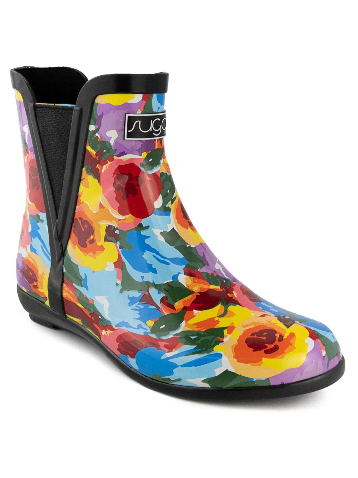 SUGAR Womens Black Floral Goring Water Resistant Splash Round Toe Rain Boots 7 M