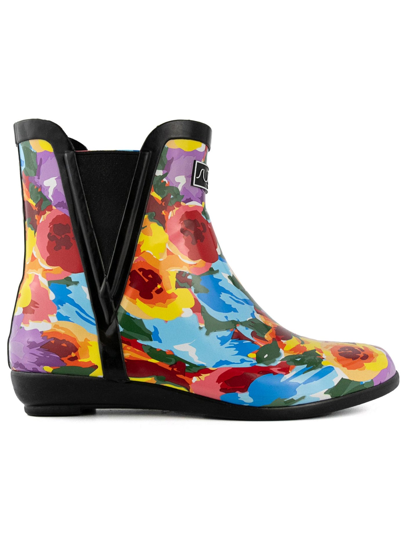 SUGAR Womens Black Floral Goring Water Resistant Splash Round Toe Rain Boots 7 M