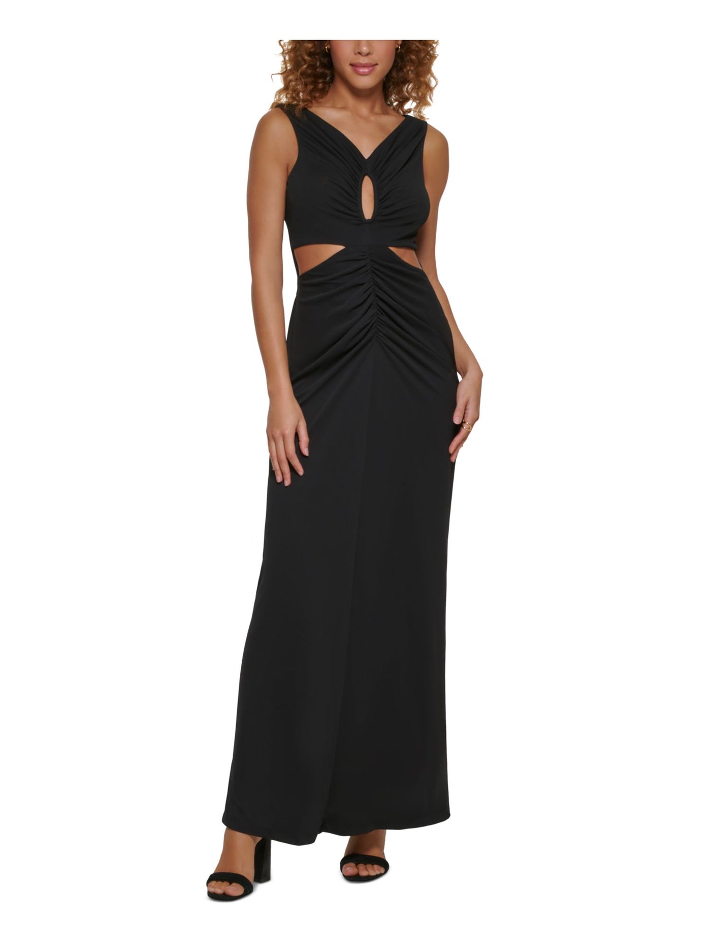 CALVIN KLEIN Womens Black Zippered Ruched Cut Outs Lined Sleeveless V Neck Full-Length Formal Gown Dress 2