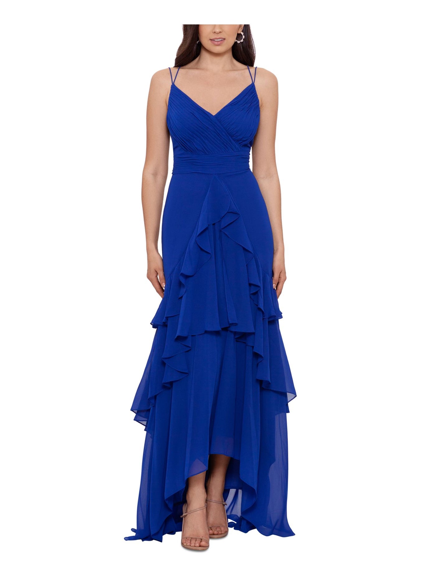 XSCAPE Womens Blue Pleated Zippered Dual Straps Lined Sleeveless V Neck Full-Length Evening Gown Dress 6