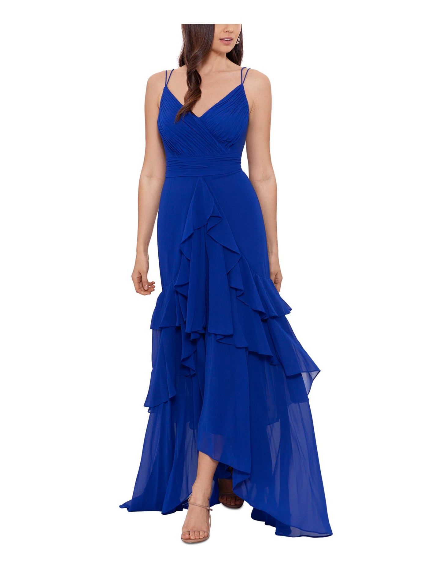 XSCAPE Womens Blue Pleated Zippered Dual Straps Lined Sleeveless V Neck Full-Length Evening Gown Dress 6