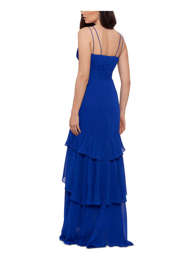 XSCAPE Womens Blue Pleated Zippered Dual Straps Lined Sleeveless V Neck Full-Length Evening Gown Dress 6