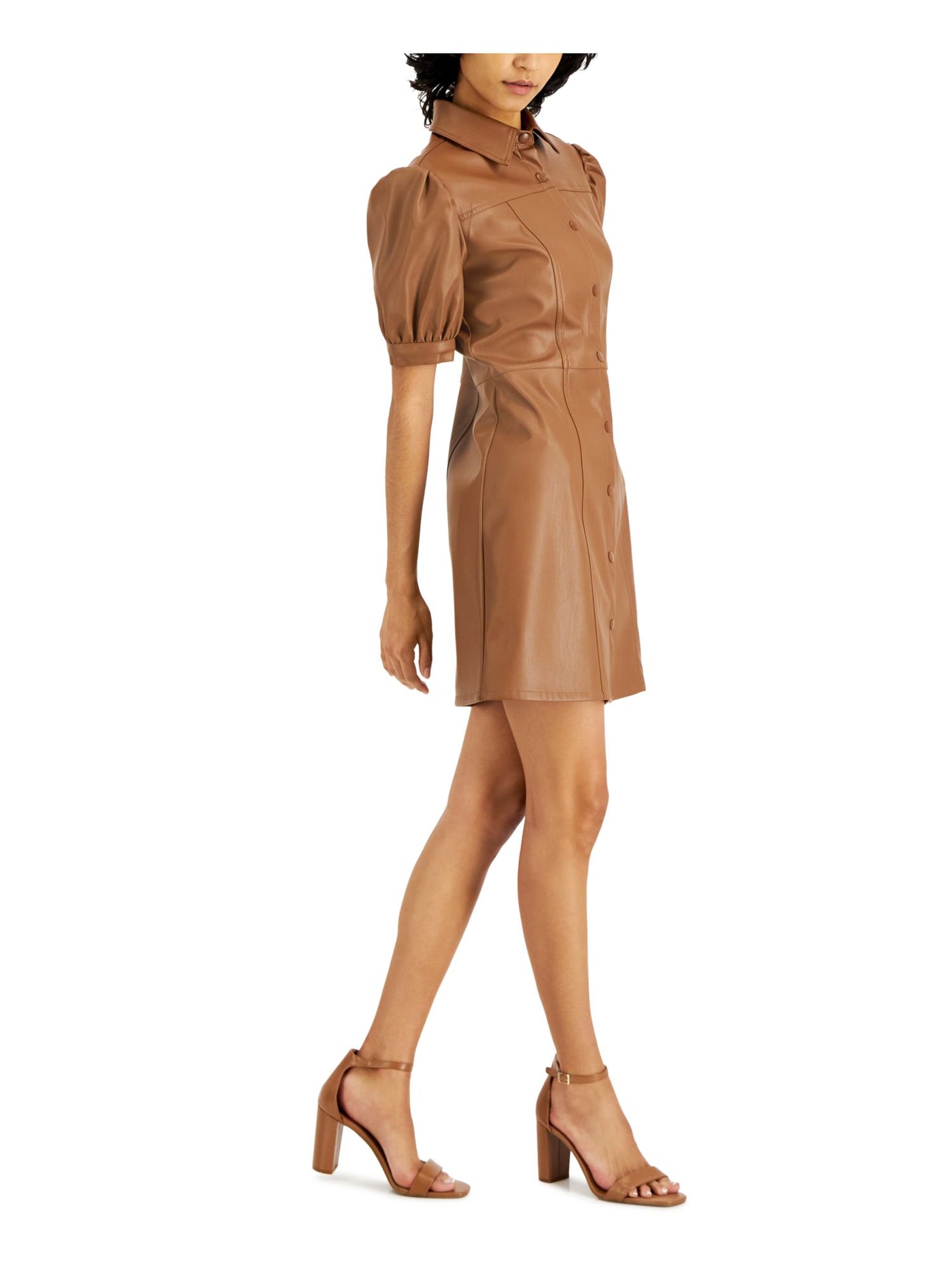KIT + SKY Womens Brown Pleated Button Down Pouf Sleeve Point Collar Short Shirt Dress Juniors S