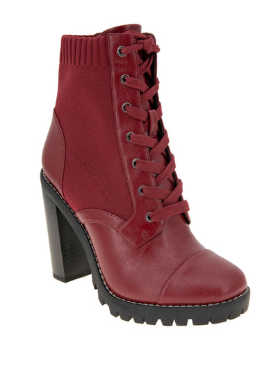 BCBGENERATION Womens Red Mixed Media Lace Up Lug Sole Cushioned Stretch Treaded Pilas Cap Toe Block Heel Zip-Up Booties 11 M