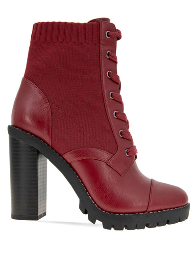 BCBGENERATION Womens Red Mixed Media Lace Up Lug Sole Cushioned Stretch Treaded Pilas Cap Toe Block Heel Zip-Up Booties 11 M