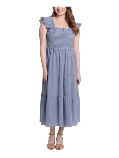 LONDON TIMES PETITES Womens Navy Smocked Ruffled Pullover Unlined Tiered Gingham Sleeveless Square Neck Midi Fit + Flare Dress Petites PXL