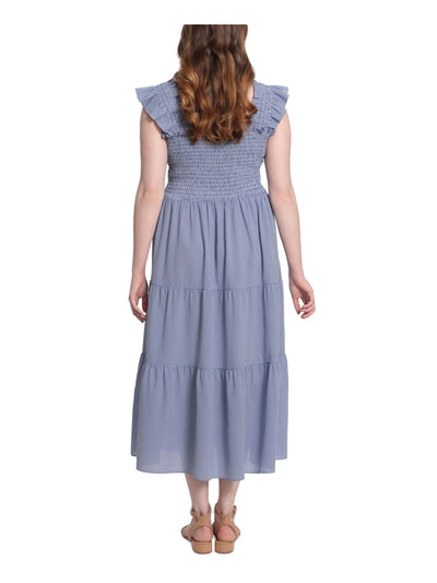 LONDON TIMES PETITES Womens Navy Smocked Ruffled Pullover Unlined Tiered Gingham Sleeveless Square Neck Midi Fit + Flare Dress Petites PXL