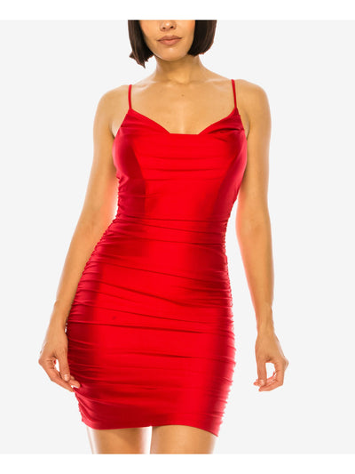 B DARLIN Womens Red Ruched Zippered Lined Spaghetti Strap Cowl Neck Mini Party Body Con Dress 1\2