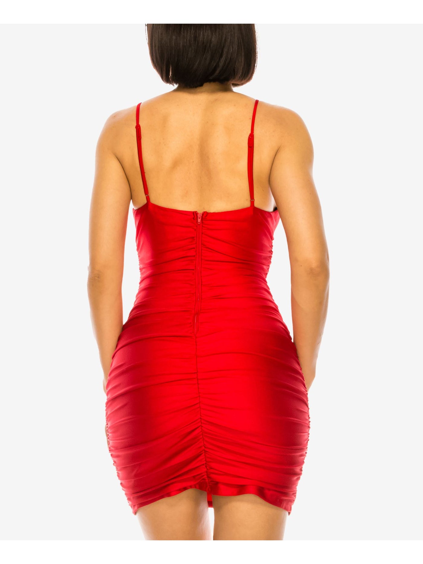 B DARLIN Womens Red Ruched Zippered Lined Spaghetti Strap Cowl Neck Mini Party Body Con Dress 0