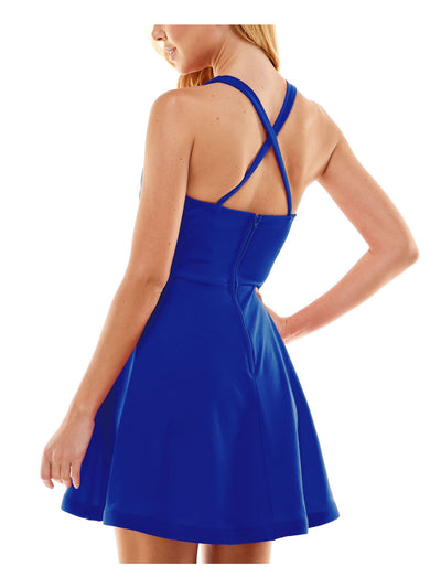 CITY STUDIO Womens Blue Zippered Ruched Crisscross Back Straps Sleeveless V Neck Short Party Fit + Flare Dress 11