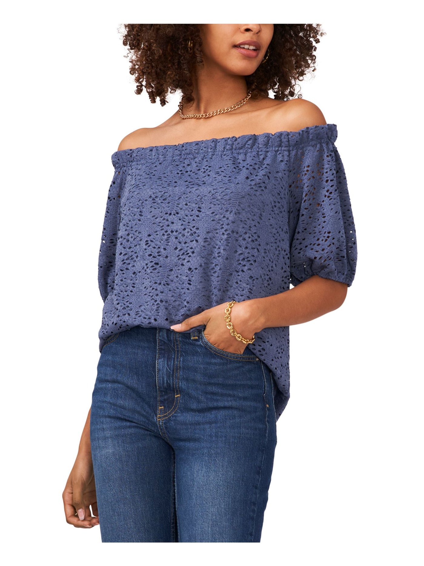 VINCE CAMUTO Womens Blue Eyelet Textured Lined Bodice Elbow Sleeve Off Shoulder Top XS