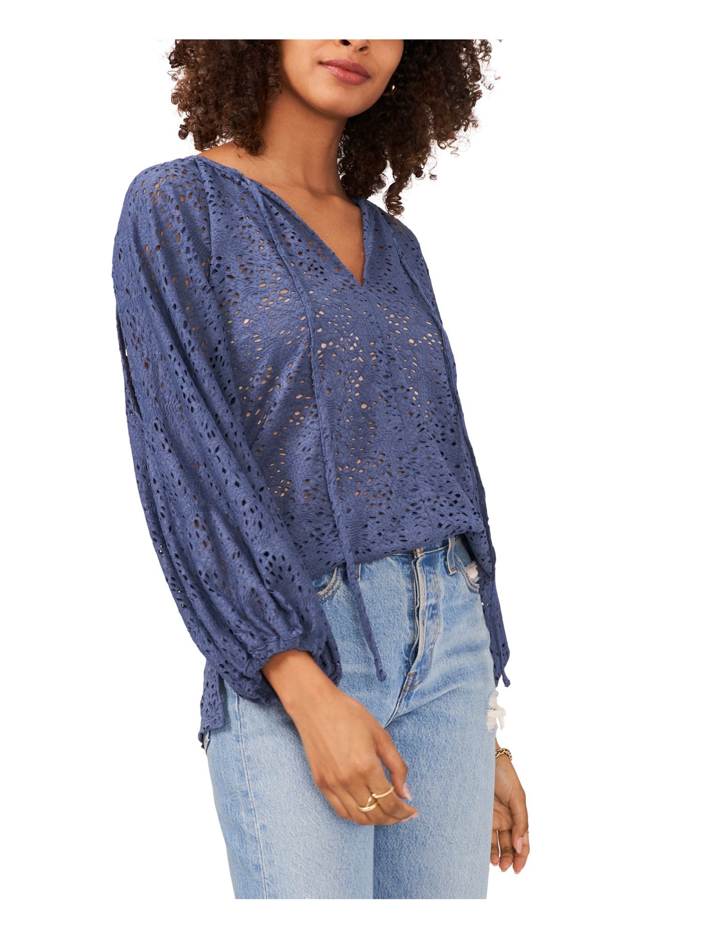 VINCE CAMUTO Womens Blue Tie Cold Shoulder Pullover Semi-sheer Unlined 3/4 Sleeve V Neck Top L