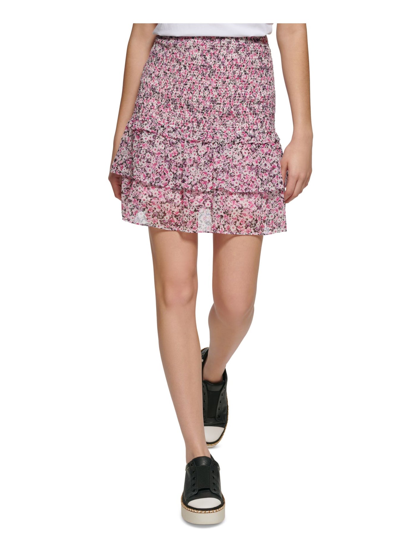 KARL LAGERFELD PARIS Womens Pink Smocked Lined Floral Short Ruffled Skirt M