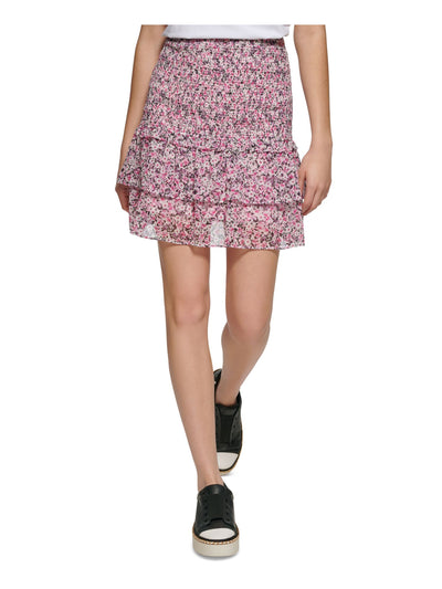 KARL LAGERFELD PARIS Womens Pink Smocked Lined Floral Short Ruffled Skirt M