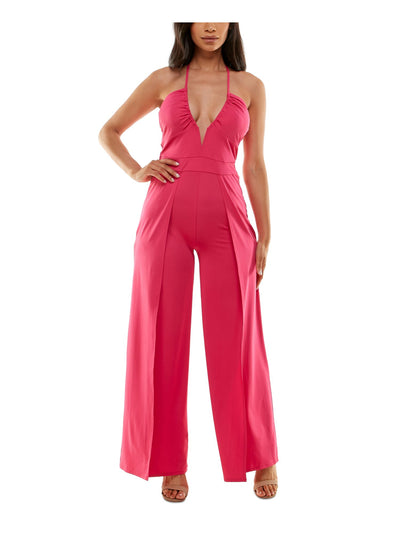 BEBE Womens Pink Slitted V Wire Tie Pull On Strappy Spaghetti Strap Halter Cocktail Wide Leg Jumpsuit XL