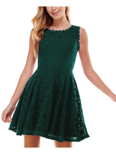 CITY STUDIO Womens Green Zippered Lined Scalloped Lace Trim Sleeveless Boat Neck Short Party Fit + Flare Dress Juniors 3