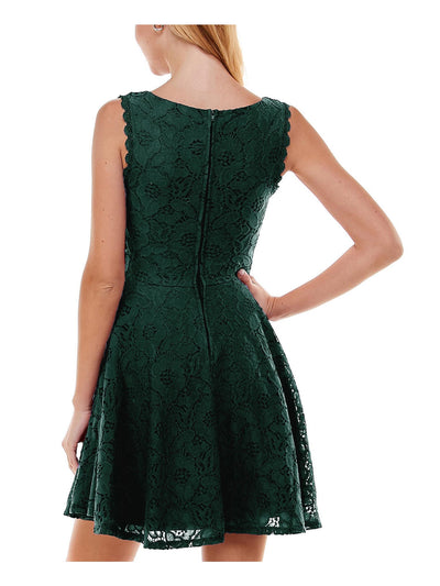 CITY STUDIO Womens Green Zippered Lined Scalloped Lace Trim Sleeveless Boat Neck Short Party Fit + Flare Dress Juniors 3