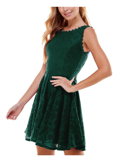CITY STUDIO Womens Green Zippered Lined Scalloped Lace Trim Sleeveless Boat Neck Short Party Fit + Flare Dress Juniors 3