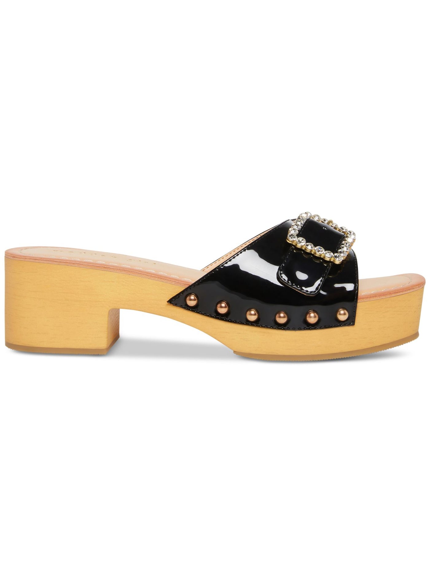 MADDEN GIRL Womens Black 1" Wood-Like Platform Embellished Padded Annika Square Toe Block Heel Buckle Sandals Shoes 5.5