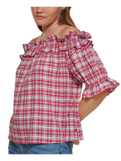 TOMMY HILFIGER Womens Red Ruffled Pullover Plaid Elbow Sleeve Off Shoulder Top XS