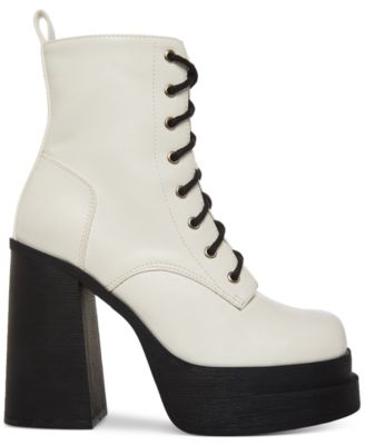 MADDEN GIRL Womens White 1-1/2" Platform Comfort Lace Driven Round Toe Block Heel Zip-Up Combat Boots 11 M