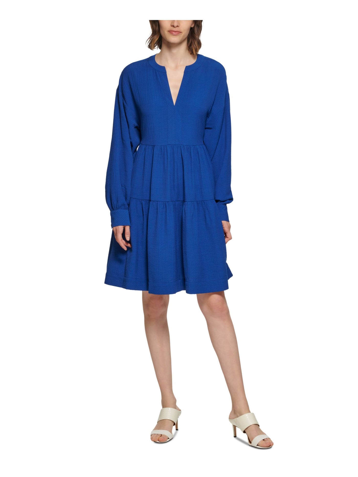 CALVIN KLEIN Womens Blue Textured Pocketed Tie-back Tiered Skirt Long Sleeve V Neck Above The Knee Party Fit + Flare Dress 2