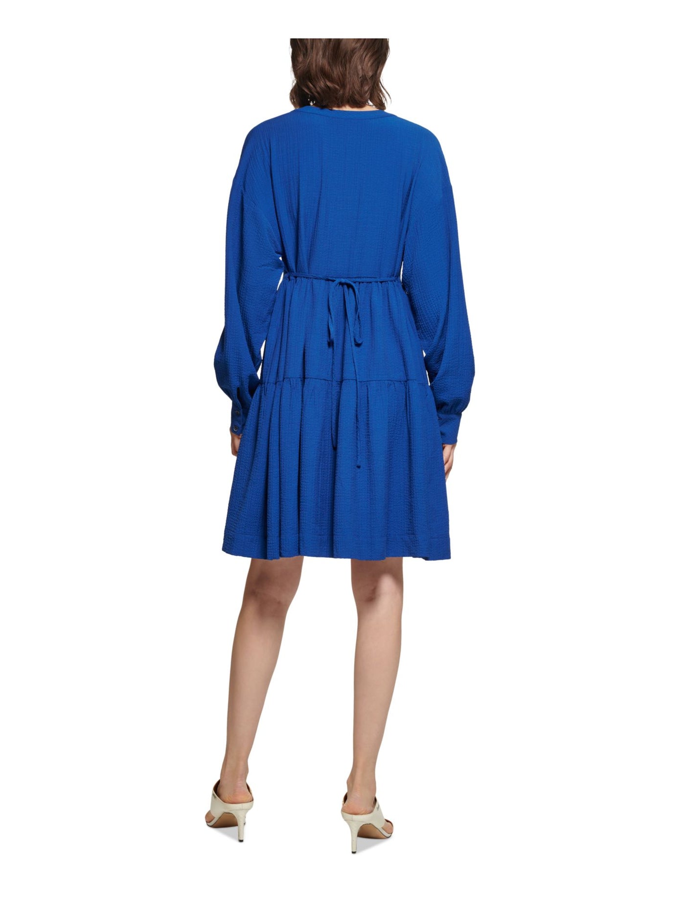 CALVIN KLEIN Womens Blue Textured Pocketed Tie-back Tiered Skirt Long Sleeve V Neck Above The Knee Party Fit + Flare Dress 2