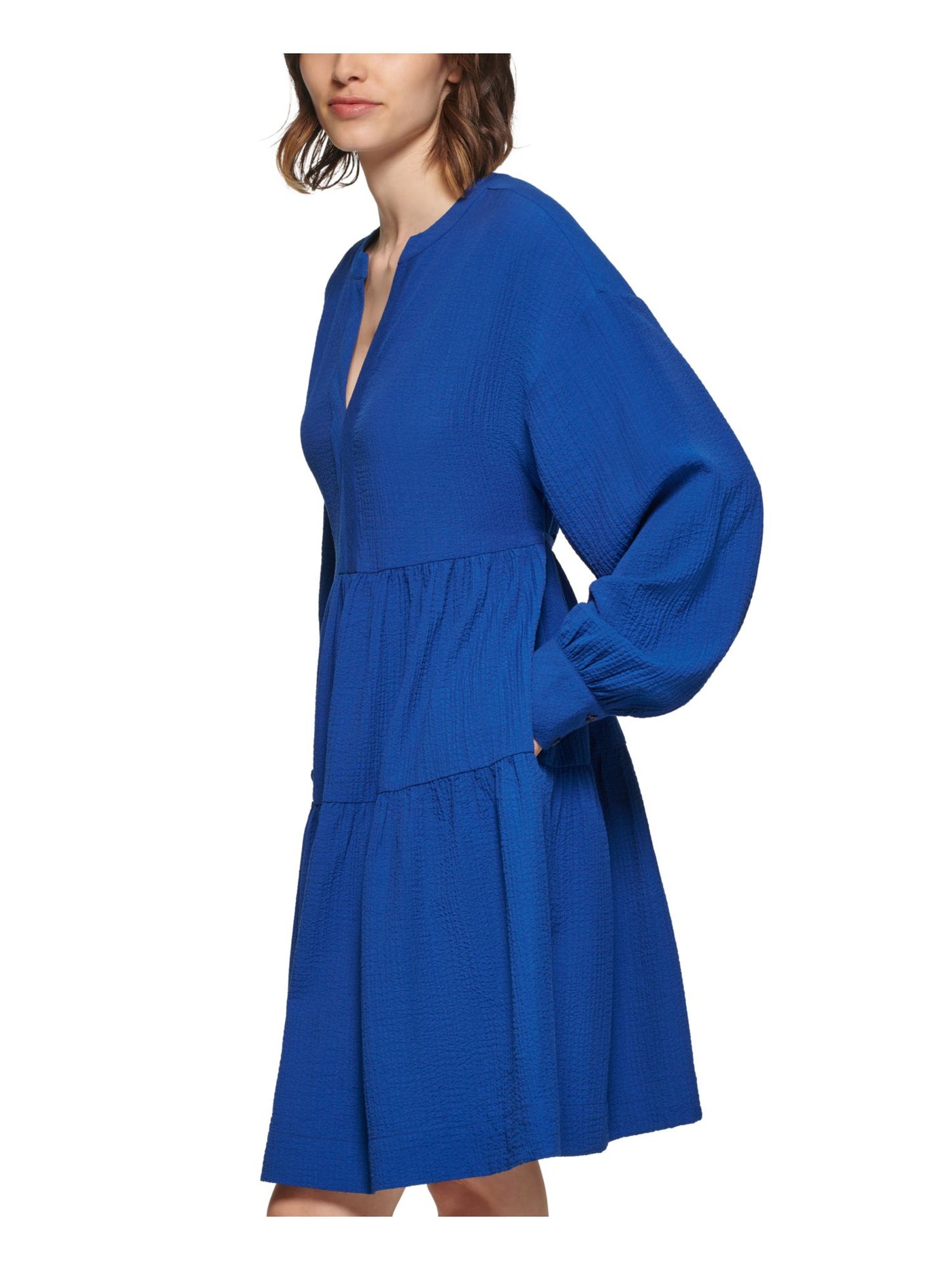 CALVIN KLEIN Womens Blue Textured Pocketed Tie-back Tiered Skirt Long Sleeve V Neck Above The Knee Party Fit + Flare Dress 2