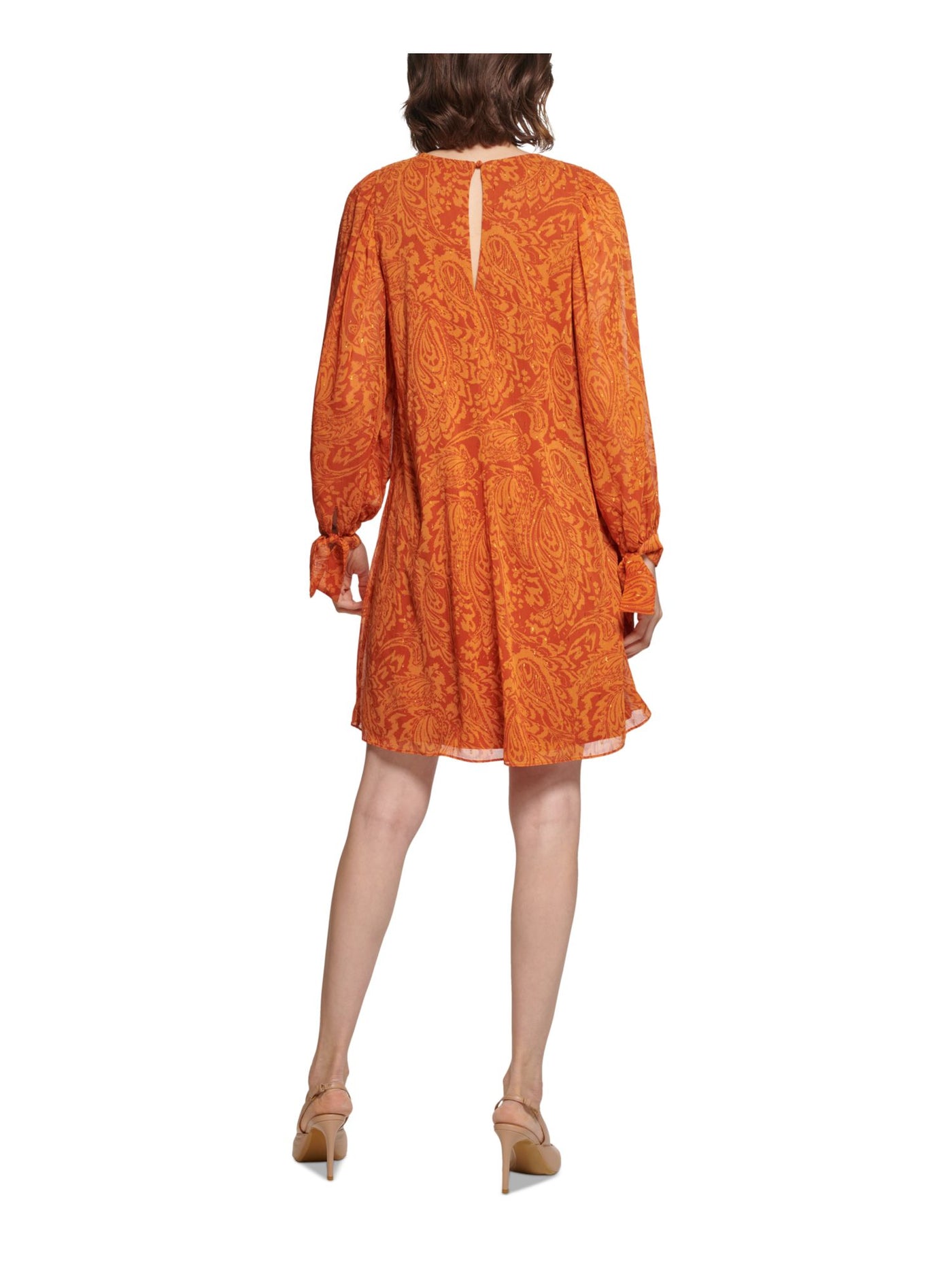 CALVIN KLEIN Womens Orange Lined Paisley Balloon Sleeve Round Neck Above The Knee Wear To Work Shift Dress Petites 4P