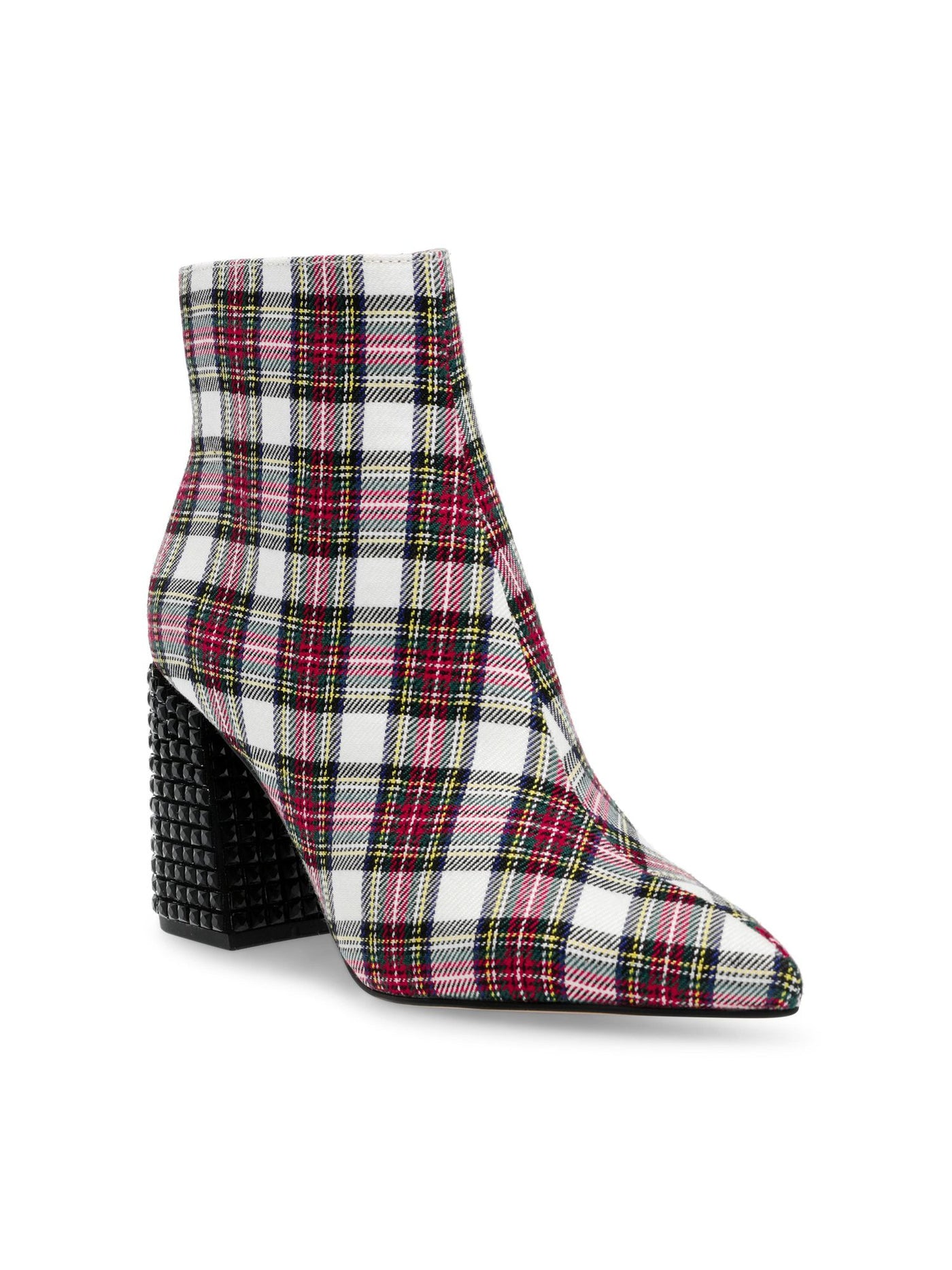 BETSEY JOHNSON Womens White Plaid Patterned Heel Padded Rhinestone Kassie Pointed Toe Block Heel Zip-Up Dress Booties 6 M