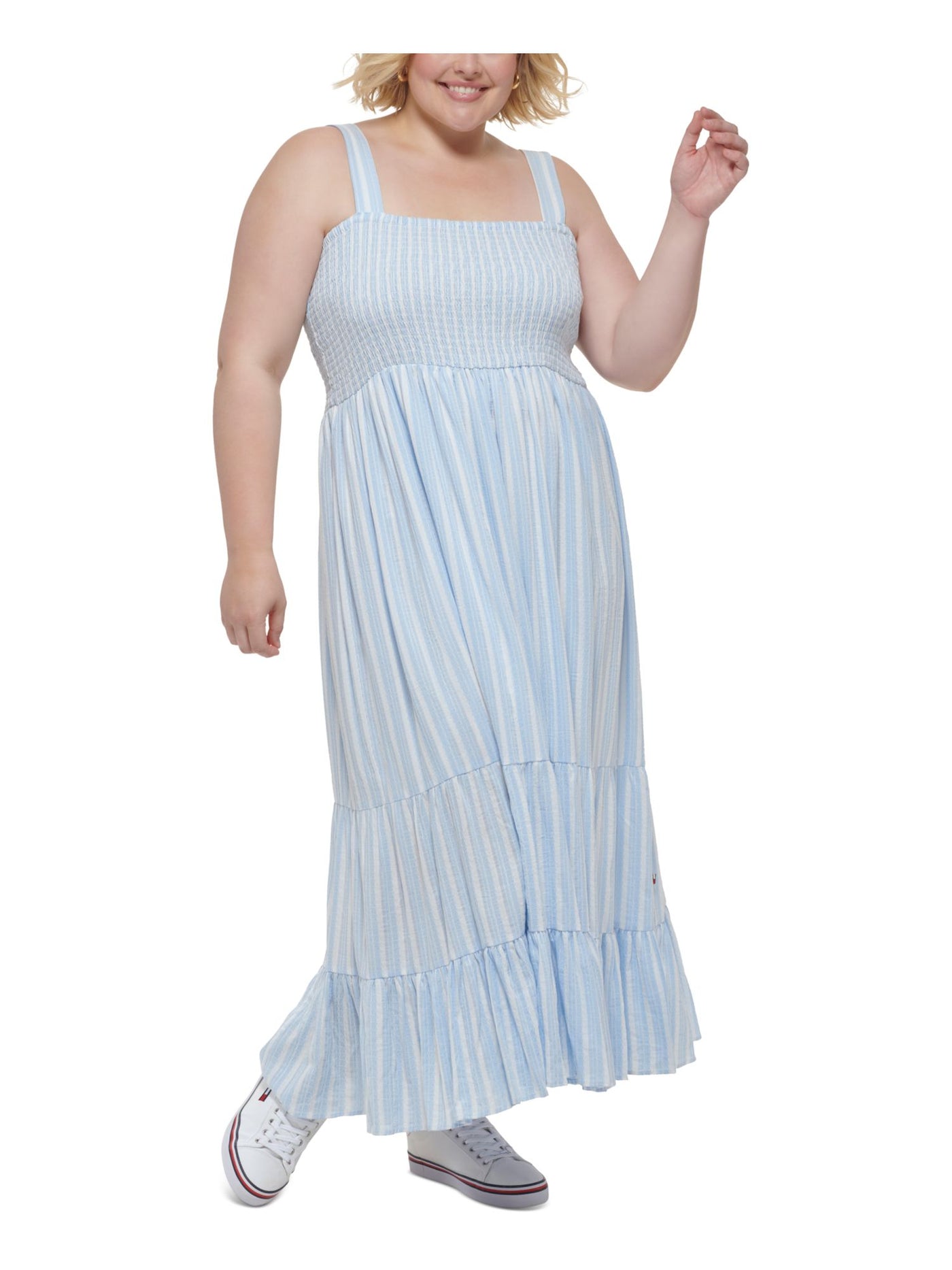 TOMMY HILFIGER Womens Light Blue Smocked Lined Tiered Pullover Striped Sleeveless Square Neck Maxi Fit + Flare Dress Plus 2X