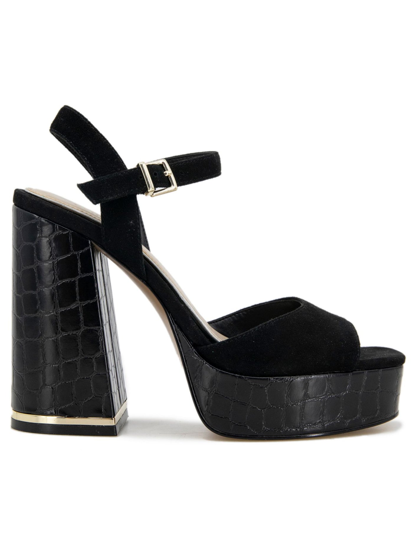 KENNETH COLE NEW YORK Womens Black 1" Platform Croc Heel Ankle Strap Metallic Dolly Square Toe Block Heel Buckle Leather Dress Heeled Sandal 9.5 M