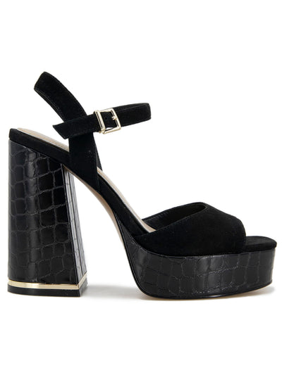KENNETH COLE NEW YORK Womens Black 1" Platform Croc Heel Ankle Strap Metallic Dolly Square Toe Block Heel Buckle Leather Dress Heeled Sandal 9.5 M