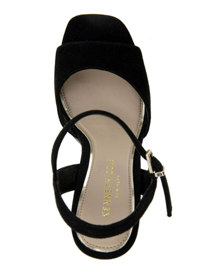 KENNETH COLE NEW YORK Womens Black 1" Platform Croc Heel Ankle Strap Metallic Dolly Square Toe Block Heel Buckle Leather Dress Heeled Sandal 9.5 M