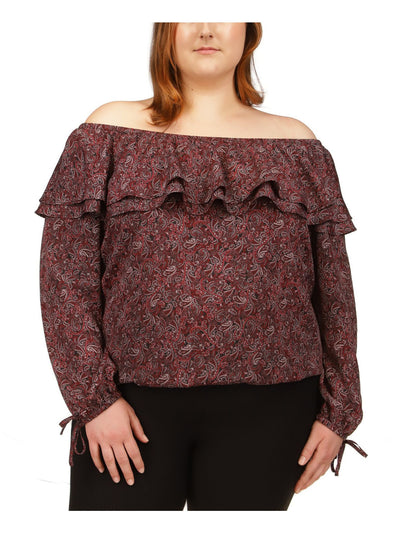 MICHAEL MICHAEL KORS Womens Burgundy Ruffled Unlined Drawstring Cuffs Elasticized Paisley Long Sleeve Off Shoulder Top 3X