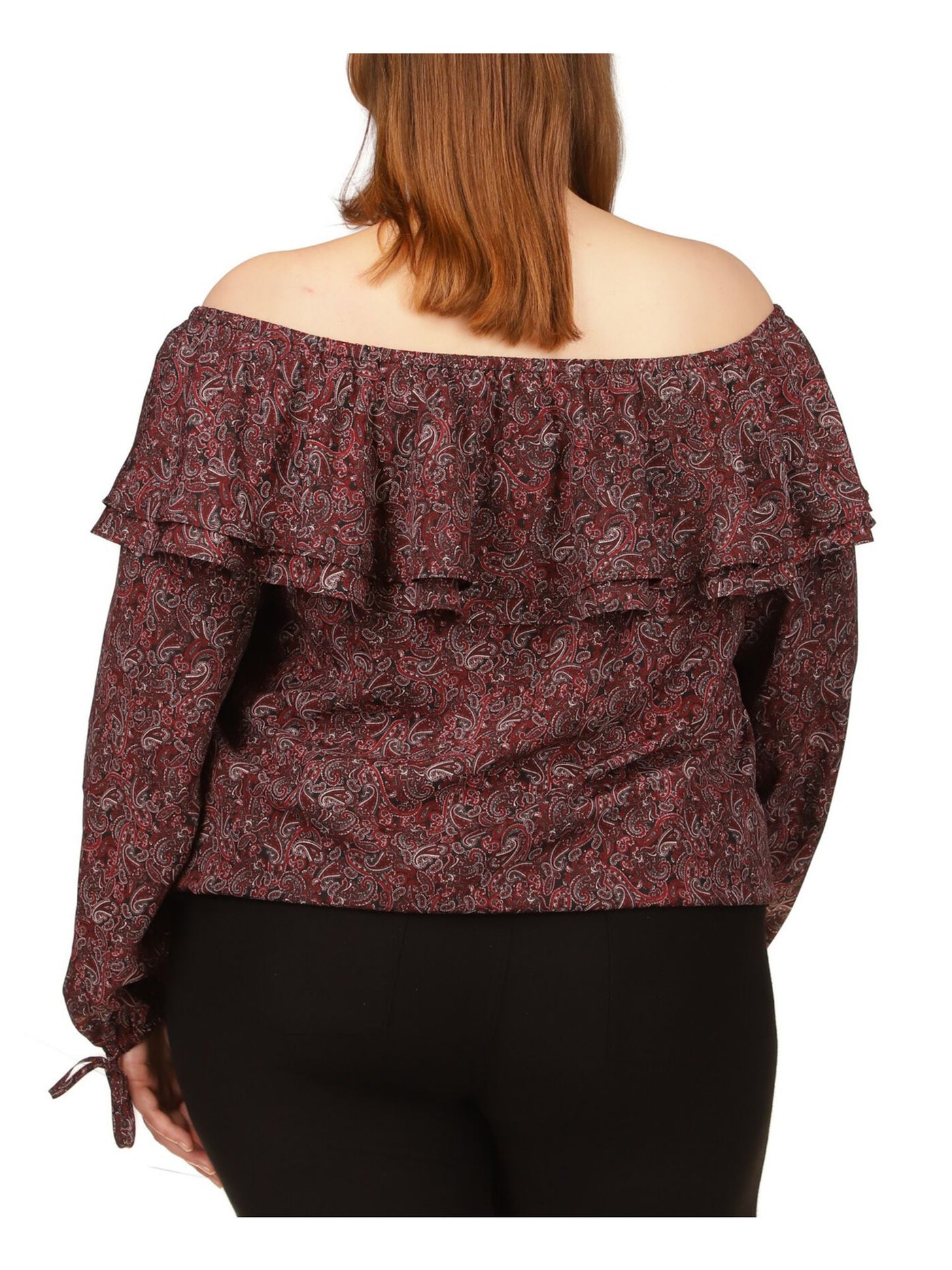 MICHAEL MICHAEL KORS Womens Burgundy Ruffled Unlined Drawstring Cuffs Elasticized Paisley Long Sleeve Off Shoulder Top 3X