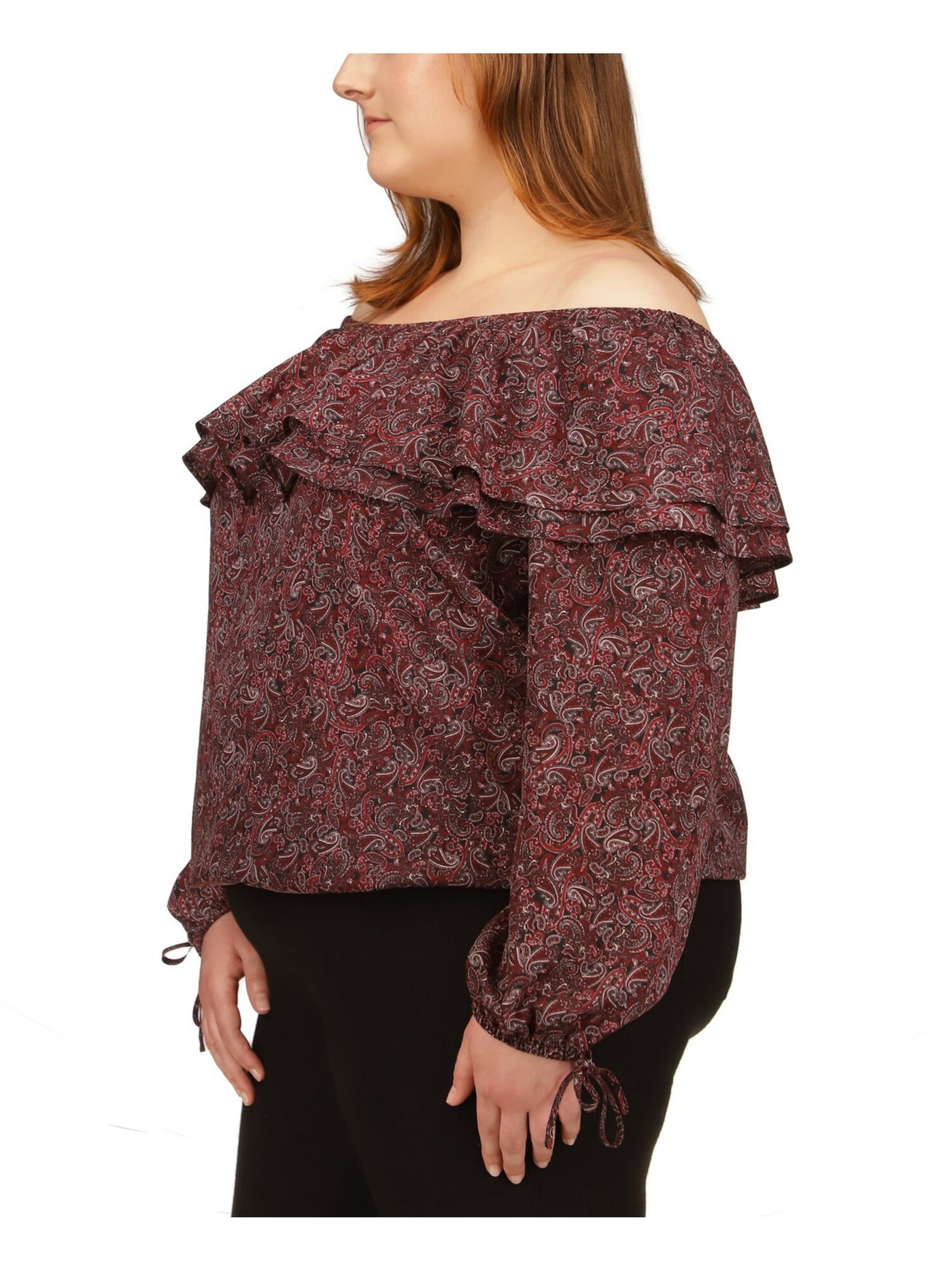 MICHAEL MICHAEL KORS Womens Burgundy Ruffled Unlined Drawstring Cuffs Elasticized Paisley Long Sleeve Off Shoulder Top 3X