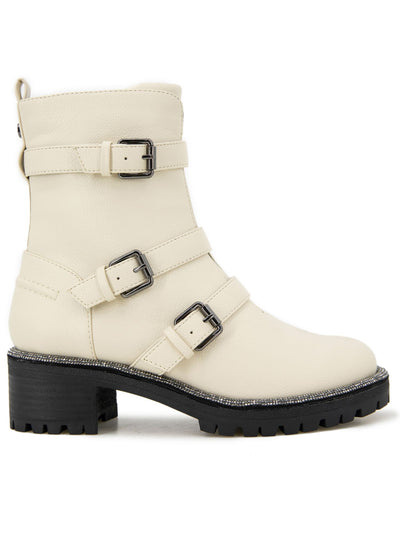 REACTION KENNETH COLE Womens Ivory Buckle Accent Embellished Tate Round Toe Block Heel Zip-Up Moto 7.5