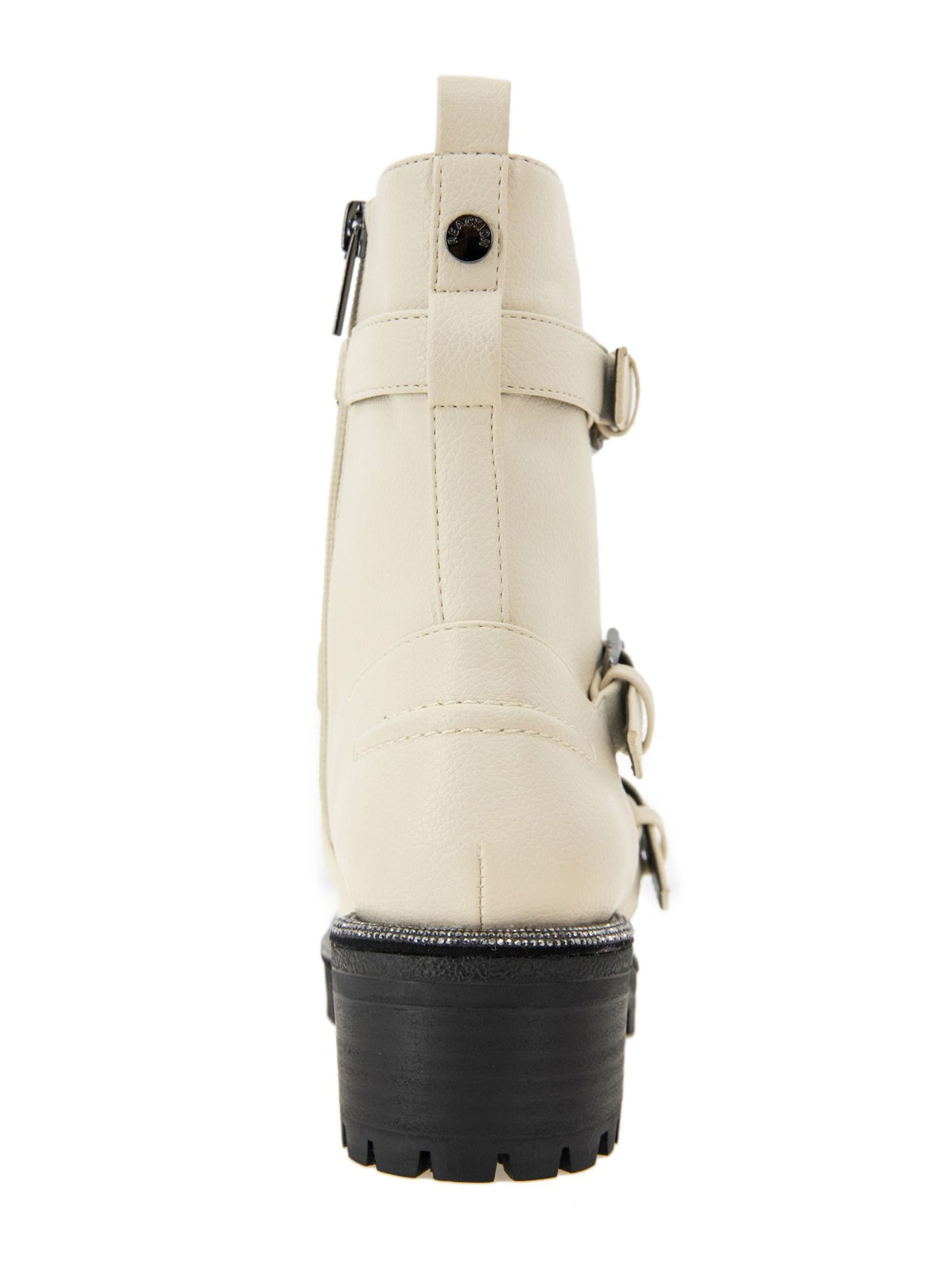 REACTION KENNETH COLE Womens Ivory Buckle Accent Embellished Tate Round Toe Block Heel Zip-Up Moto 7.5