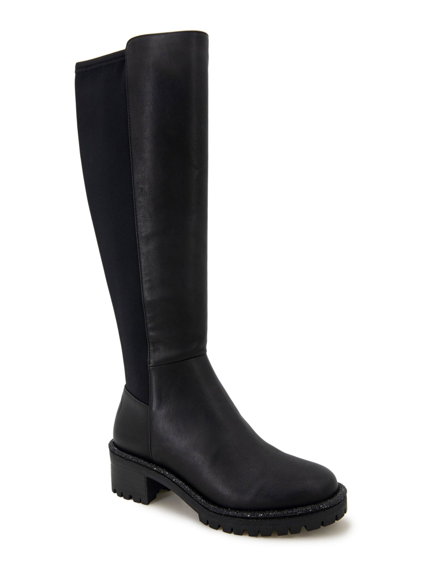 REACTION KENNETH COLE Womens Black Mixed Media Back Stretch Panel Jeweled Welt Detail Lug Sole Padded Tate Jewel Round Toe Block Heel Zip-Up Riding Boot 6