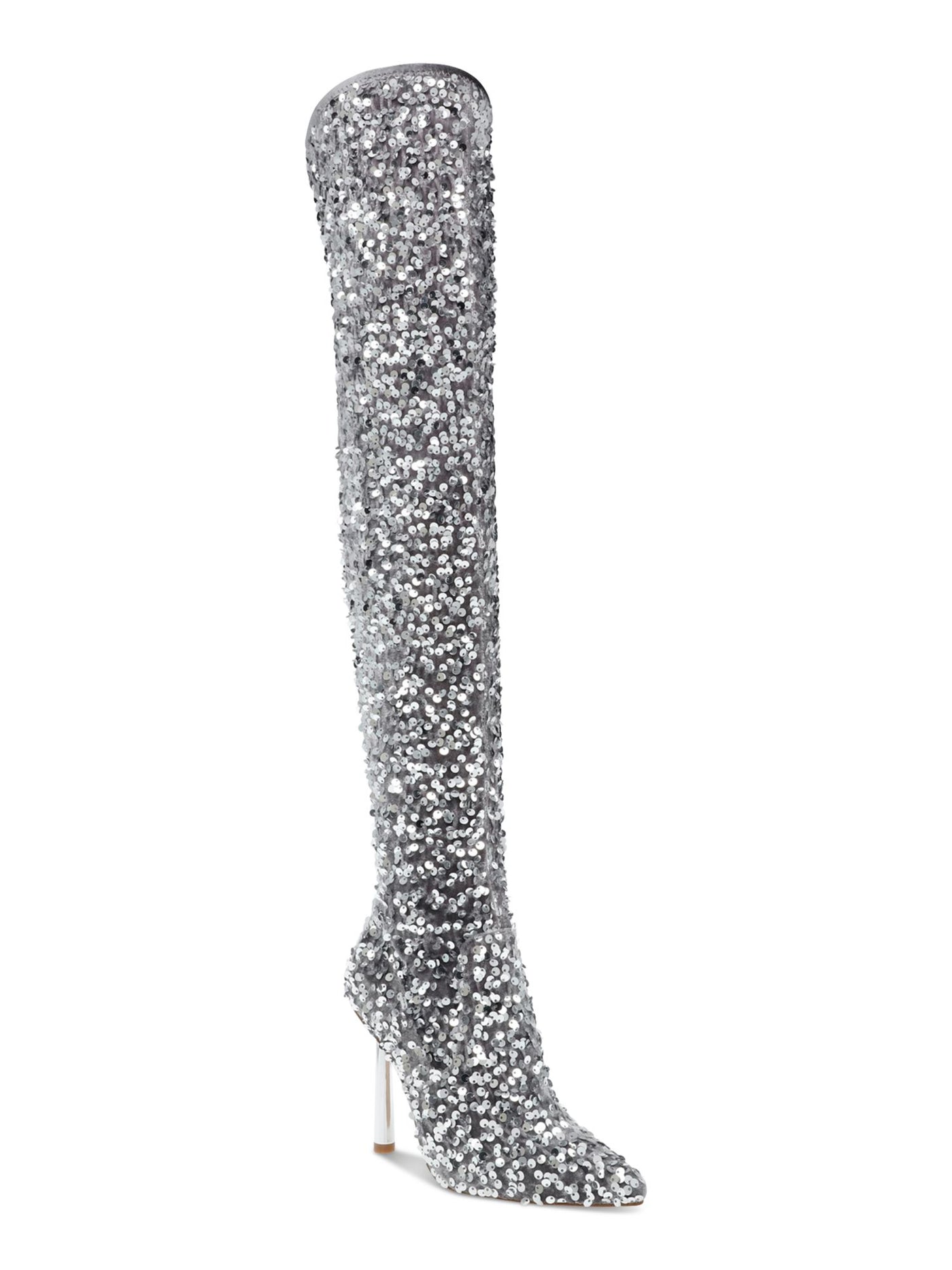 STEVE MADDEN Womens Silver Sequined Padded Vivee Pointed Toe Sculpted Heel Zip-Up Heeled Boots 6.5 M