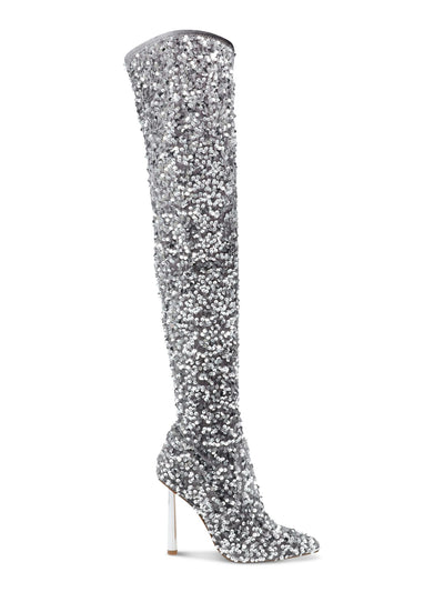 STEVE MADDEN Womens Silver Sequined Padded Vivee Pointed Toe Sculpted Heel Zip-Up Heeled Boots 7 M