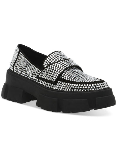 STEVE MADDEN Womens Black Rhinestone Lug Sole Trifecta Round Toe Block Heel Slip On Loafers Shoes 6 M