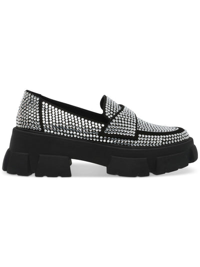 STEVE MADDEN Womens Black Rhinestone Lug Sole Trifecta Round Toe Block Heel Slip On Loafers Shoes 5 M