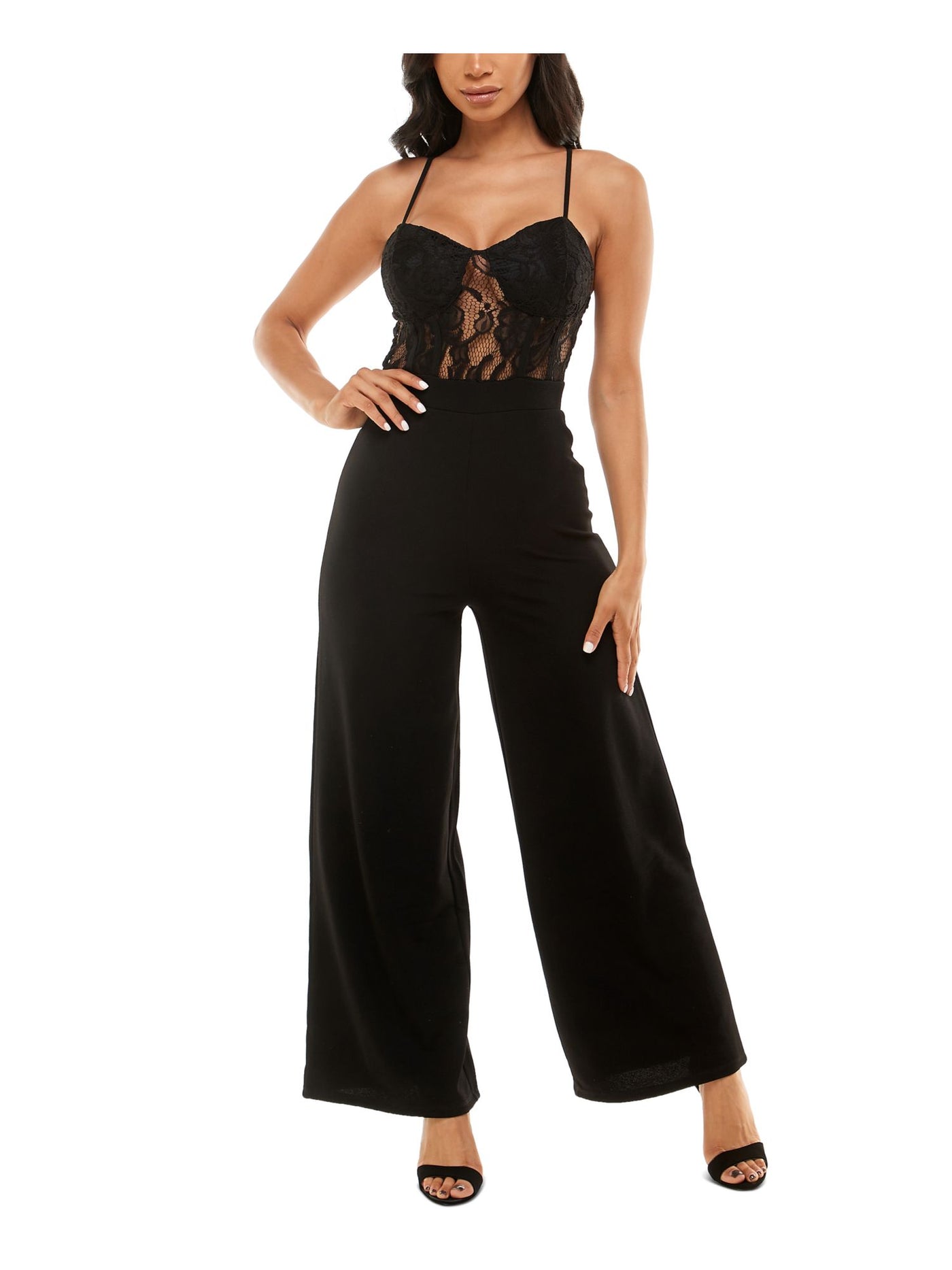 CRAVE FAME Womens Black Adjustable Zippered Lace Padded Spaghetti Strap Sweetheart Neckline Evening Wide Leg Jumpsuit Juniors L