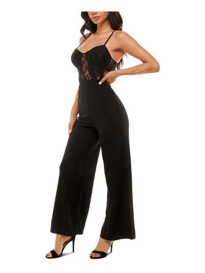 CRAVE FAME Womens Black Adjustable Zippered Lace Padded Spaghetti Strap Sweetheart Neckline Evening Wide Leg Jumpsuit Juniors L